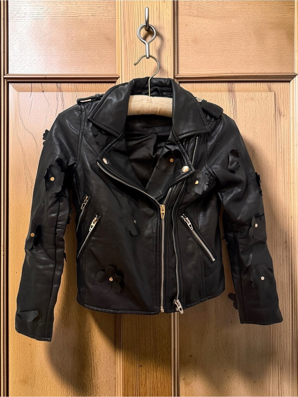 Blanc NYC Floral-Appliqué Faux Leather Moto Jacket Black